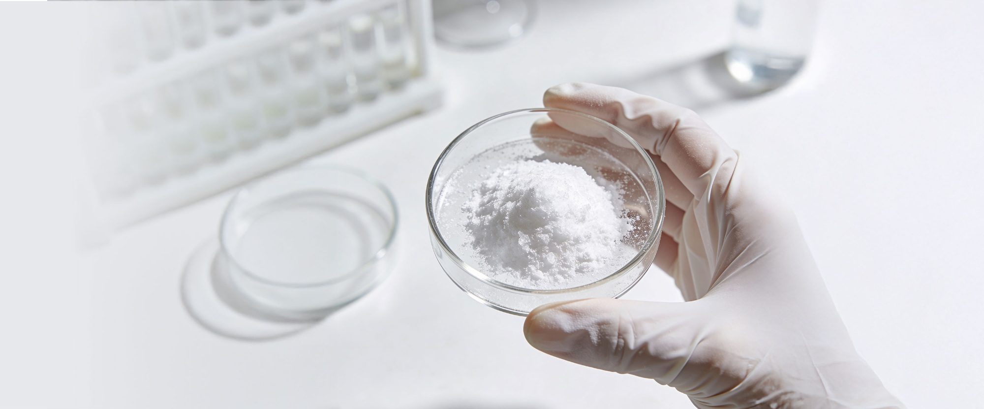 Farmacêutica segura placa de Petri com preparação em pó no laboratório